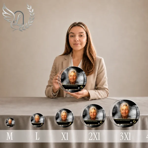 Gamme complète de plaques funéraires circulaires en plexiglas finition or, du format mini au XXL, portrait personnalisé sur fond texturé gris avec lettrage doré