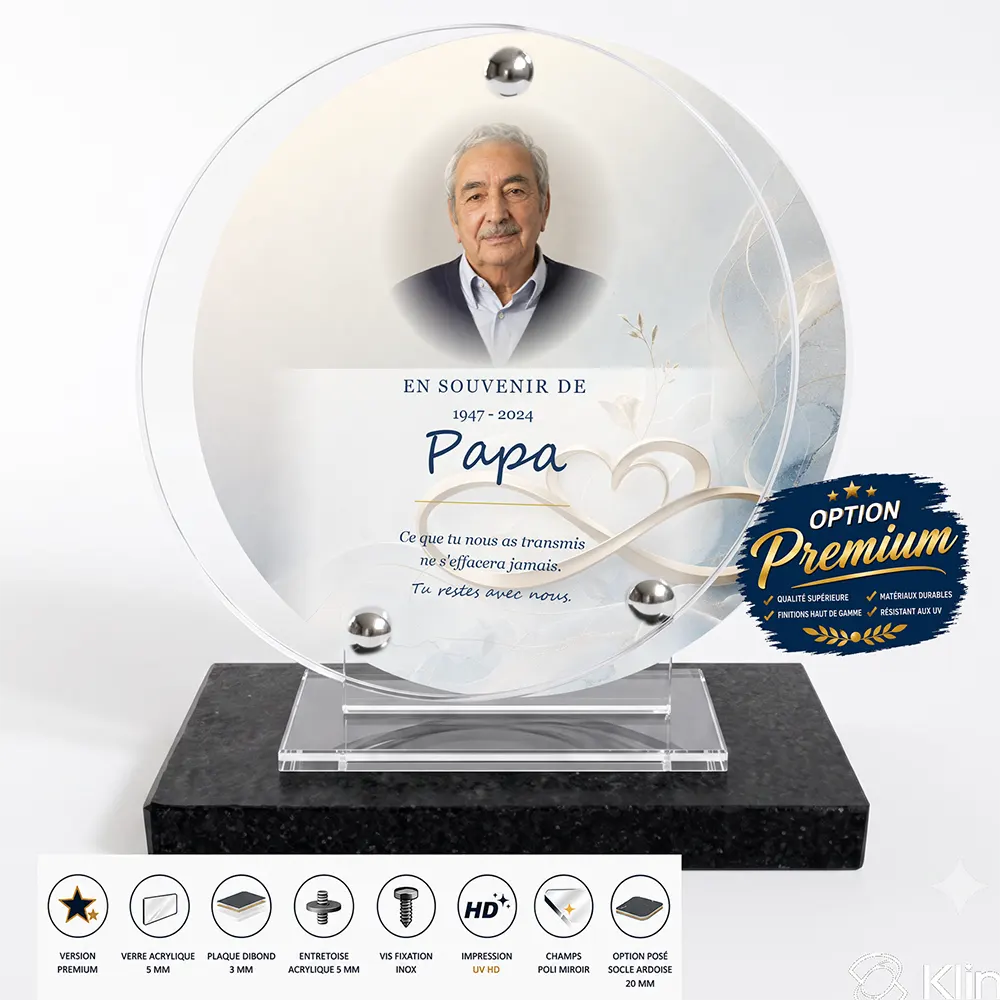 Plaque funéraire circulaire Laïque finition premium présentée sur socle en ardoise