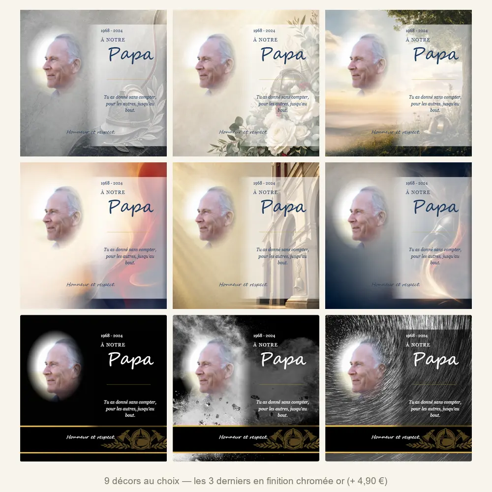Plaque funéraire carré Pompier — neuf décors de fond au choix