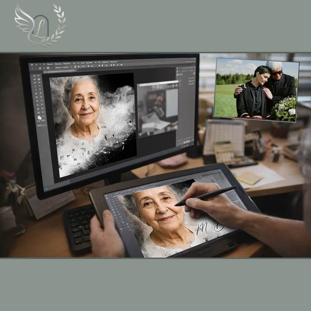 Création artistique plaque funéraire Pompier sur tablette graphique en studio