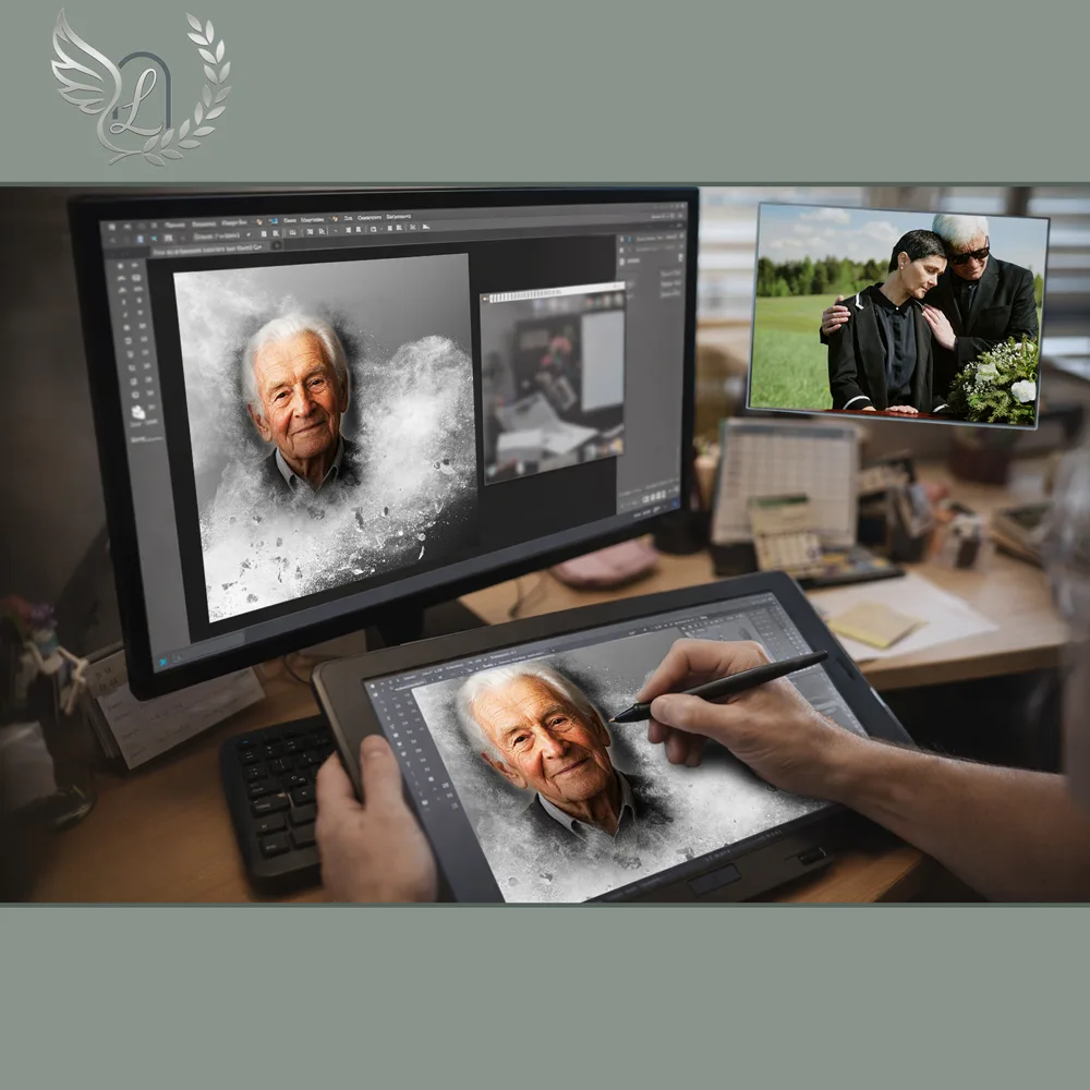 Création artistique plaque funéraire Pompier sur tablette graphique en studio