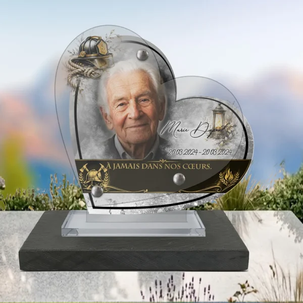 Plaque funéraire cœur pompier posée sur socle ardoise du Brésil, fixation inox, 1er sous-décor