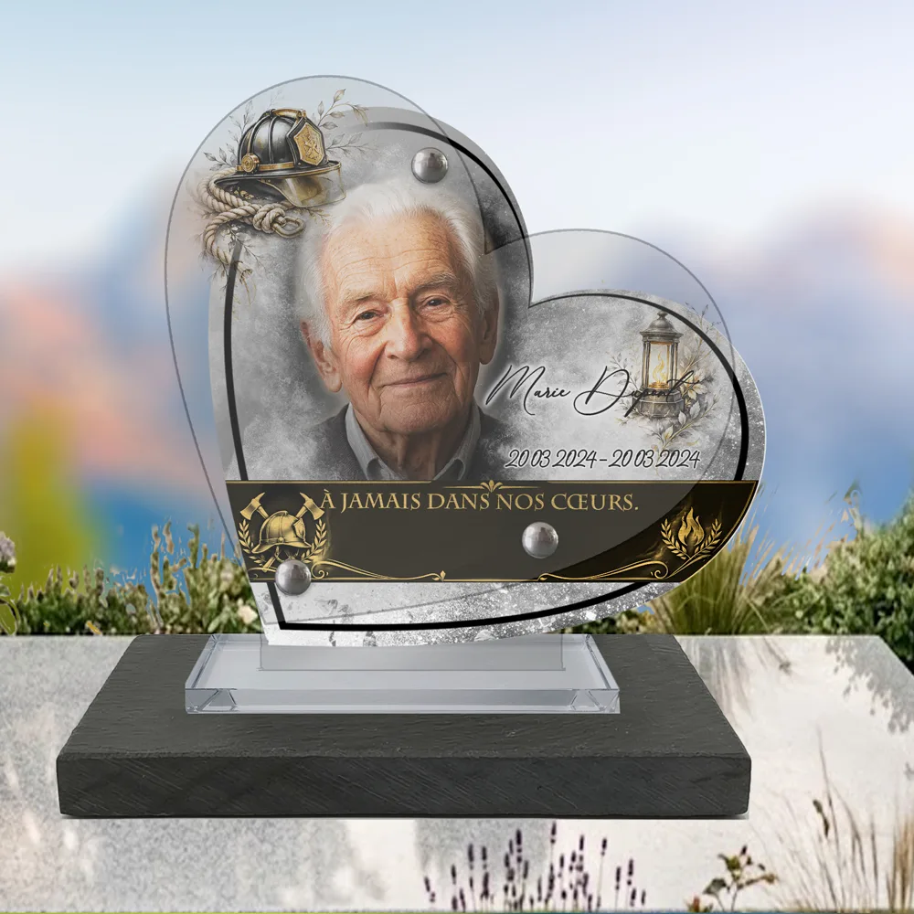 Plaque Cœur Pompier à poser sur socle ardoise du Brésil