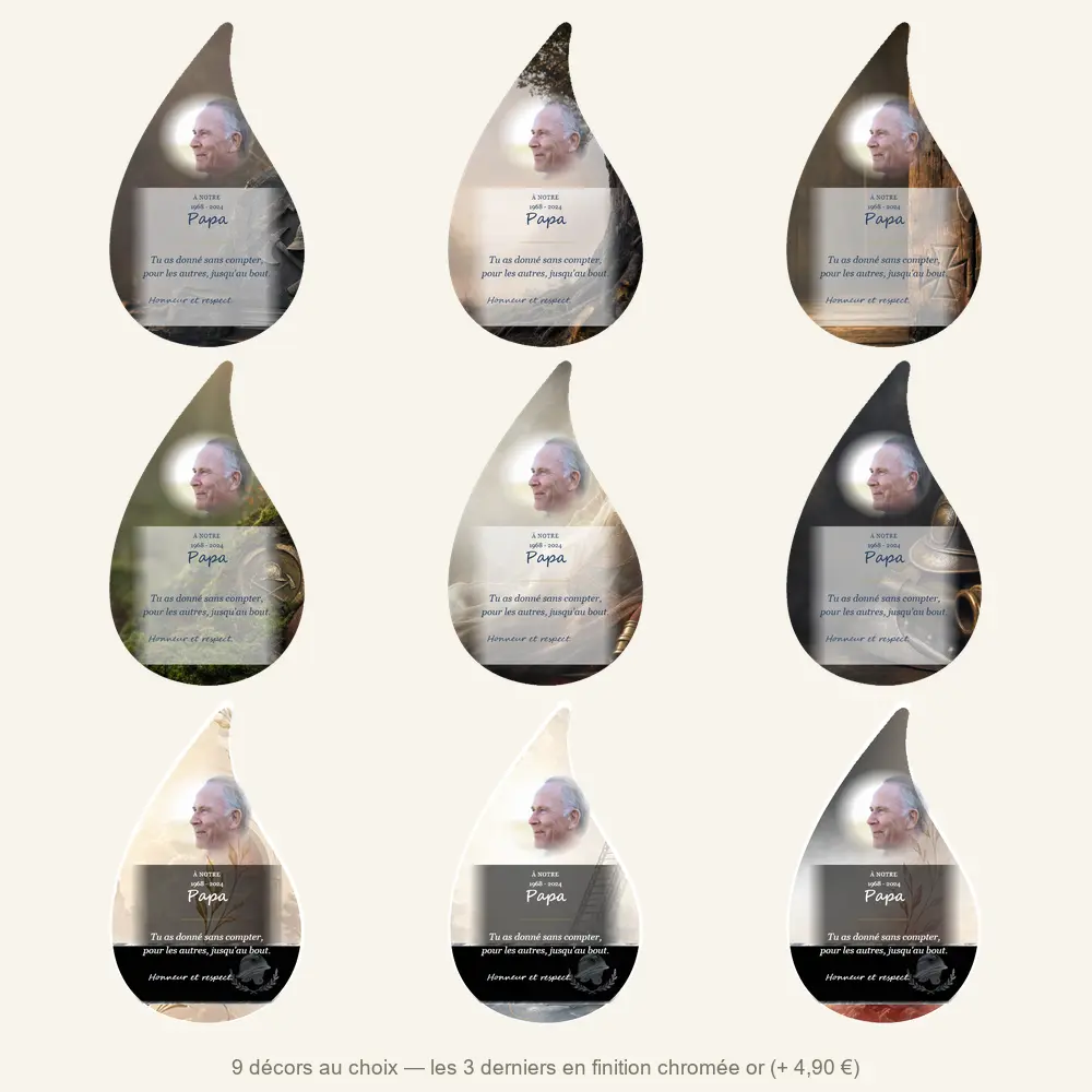 Plaque funéraire flamme Pompier — neuf décors de fond au choix