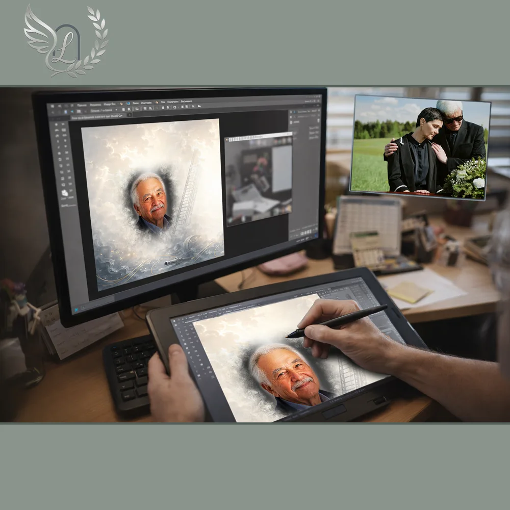 Création artistique plaque funéraire Pompier sur tablette graphique en studio