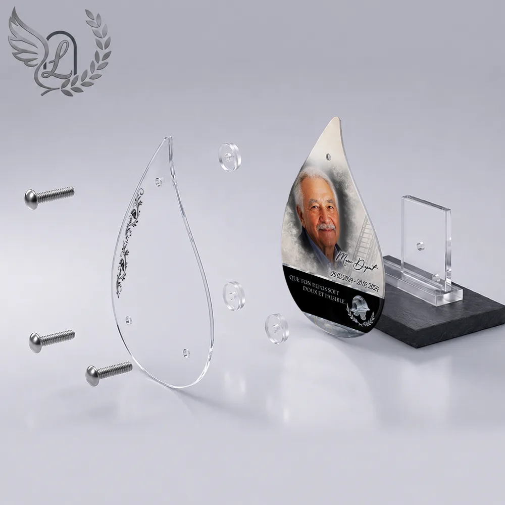 Vue éclatée plaque funéraire Flamme Pompier : construction sandwich plexi imprimé miroir, 3 entretoises, dibond et bloc ardoise