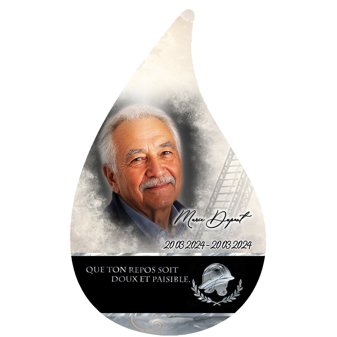 Plaque Flamme Pompier effet Éclat, ambiance complète portrait + fond