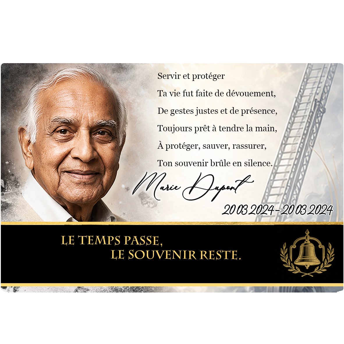 Plaque Panoramique Pompier effet Éclat, ambiance complète portrait + fond