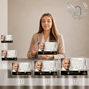 Gamme de plaques funéraires panoramiques or avec portrait et hommage pompier, présentées en plusieurs formats du plus petit au plus grand, finition chrome or brillant