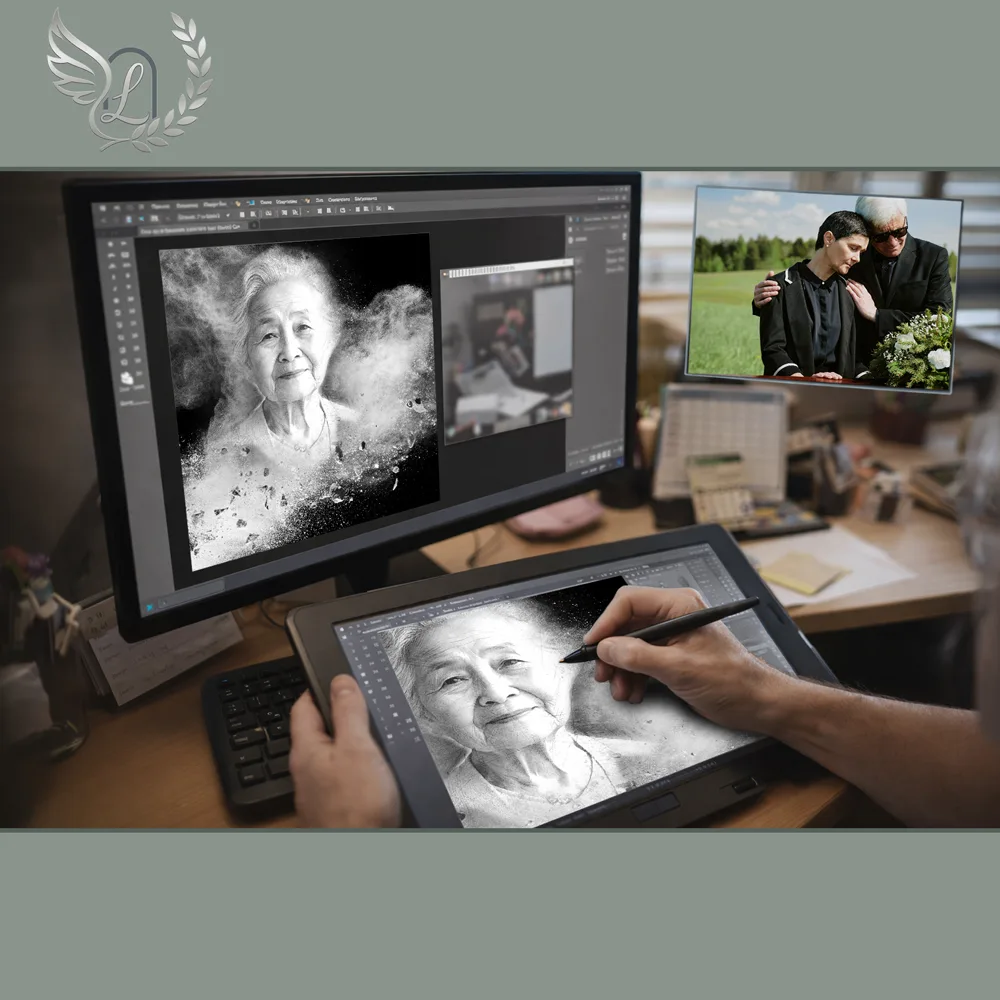 Création artistique plaque funéraire Pompier sur tablette graphique en studio