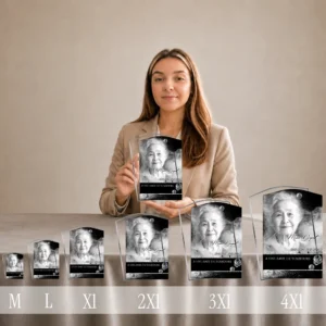 Gamme de plaques funéraires en plexiglas argent de différentes tailles alignées, photo noir et blanc avec inscription A UNE AMIE DE TOUJOURS, hommage pompier