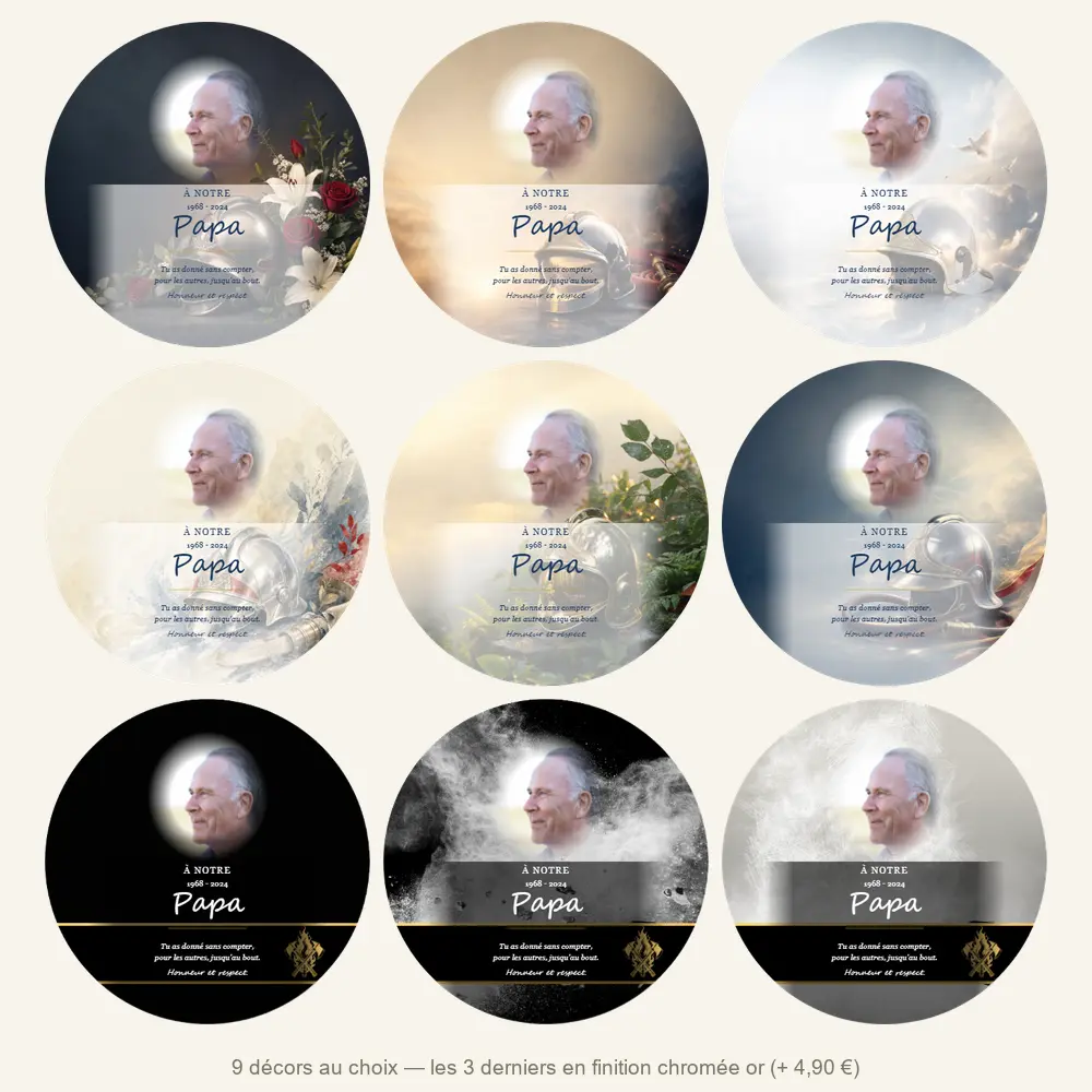 Plaque funéraire circulaire Pompier — neuf décors de fond au choix