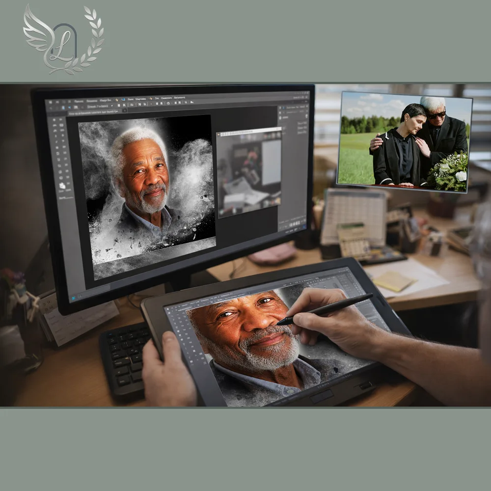 Création artistique plaque funéraire Pompier sur tablette graphique en studio