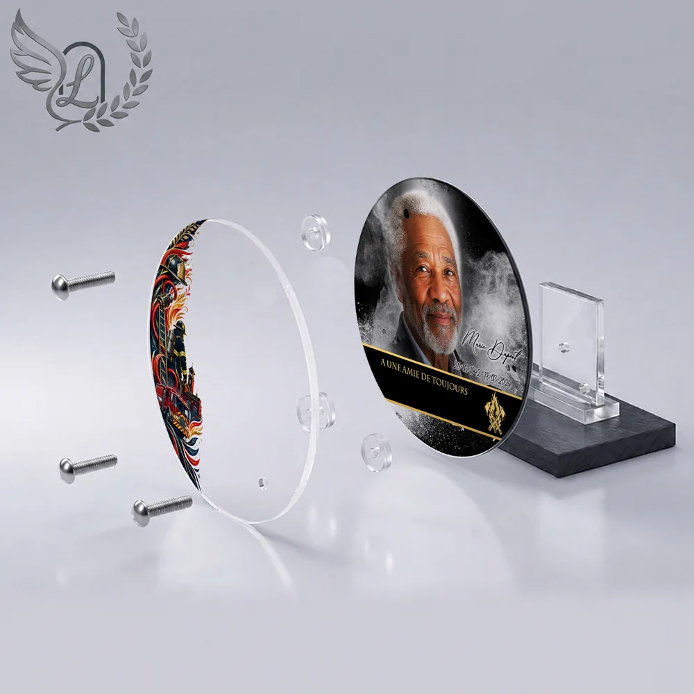Vue éclatée plaque funéraire Circulaire Pompier : construction sandwich plexi imprimé miroir, 3 entretoises, dibond et bloc ardoise