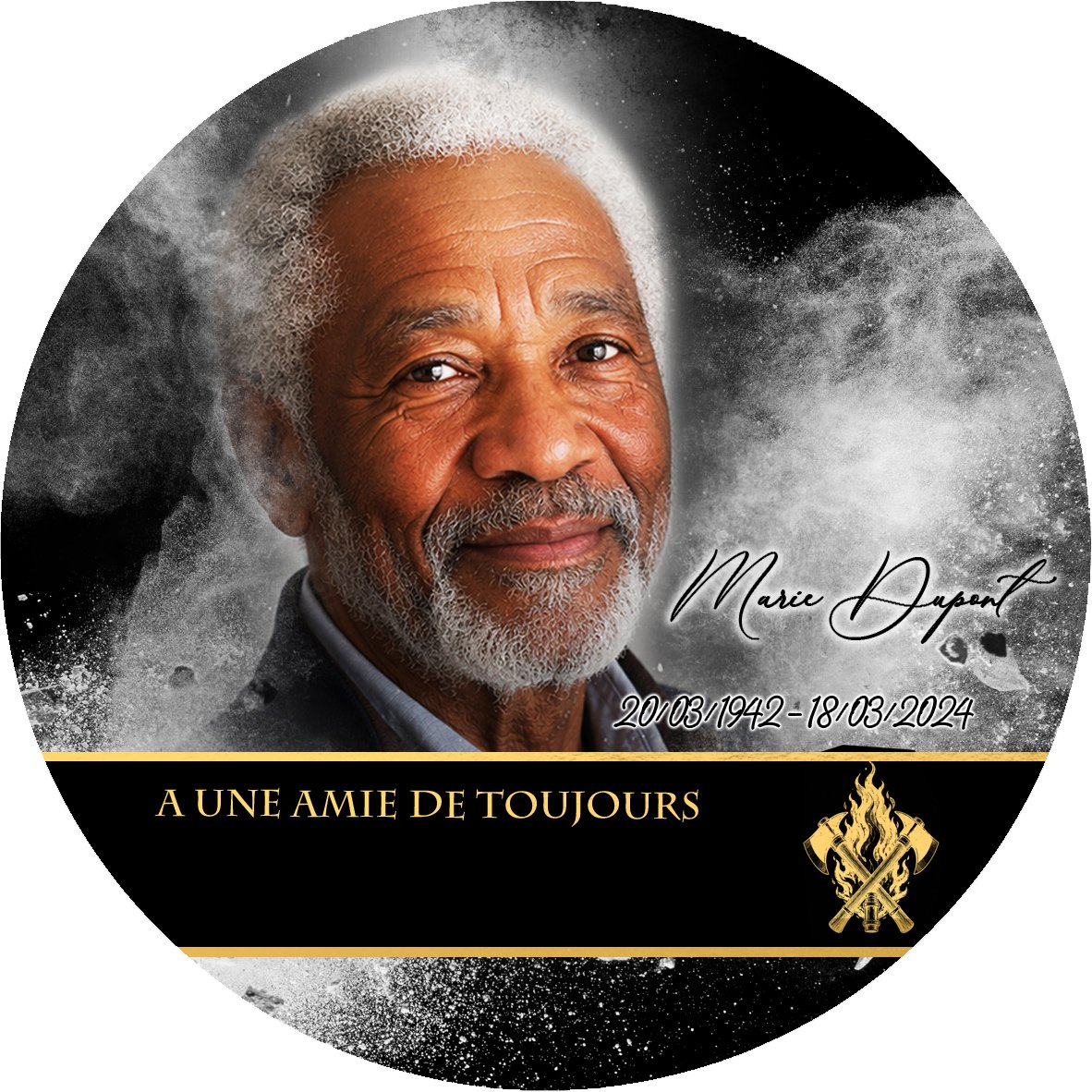 Plaque Circulaire Pompier effet Éclat, ambiance complète portrait + fond