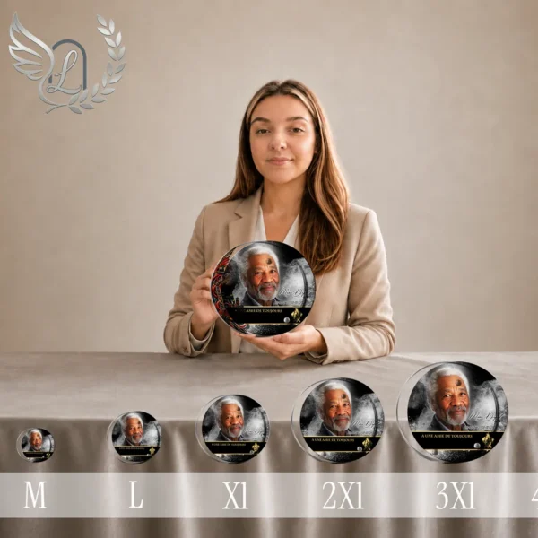 Gamme complète de plaques funéraires circulaires à finition or présentant un portrait de pompier, disposées côte à côte du format M au 3XL, avec détails chrome doré et inscription personnalisée.