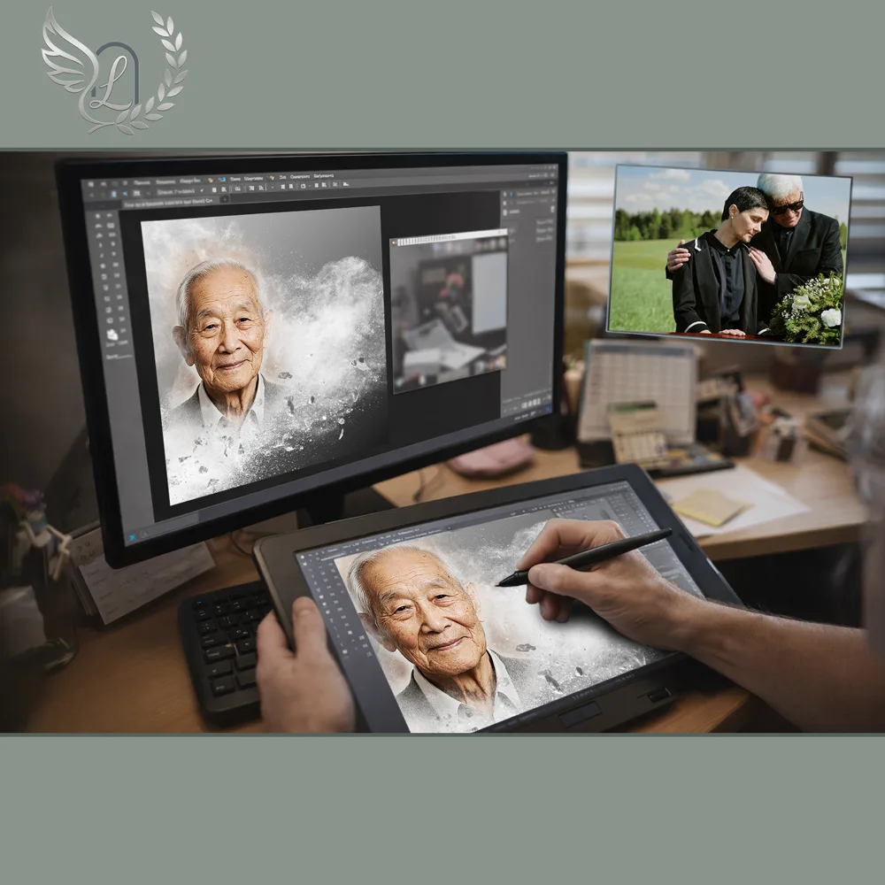Création artistique plaque funéraire Militaire sur tablette graphique en studio