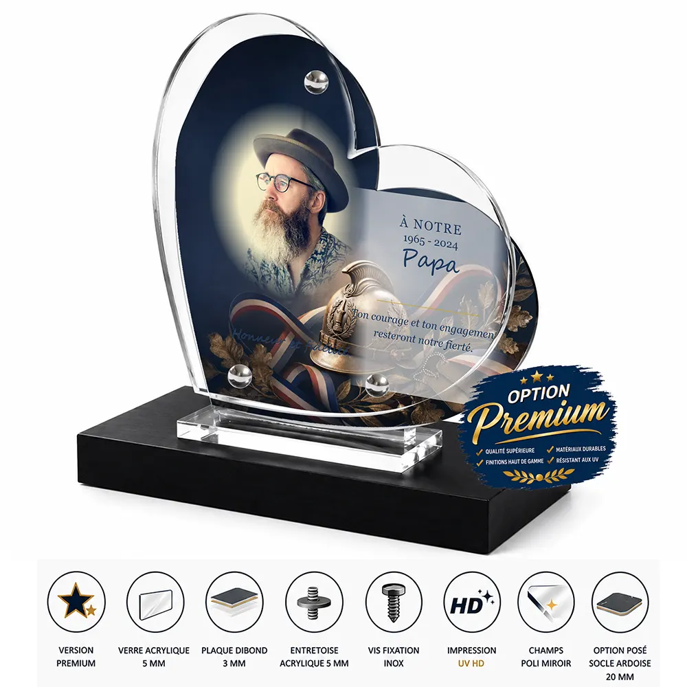 Plaque funéraire cœur Militaire finition premium présentée sur socle en ardoise