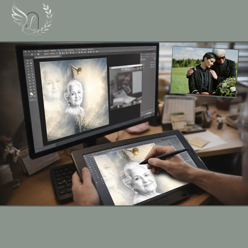 Création artistique plaque funéraire Militaire sur tablette graphique en studio