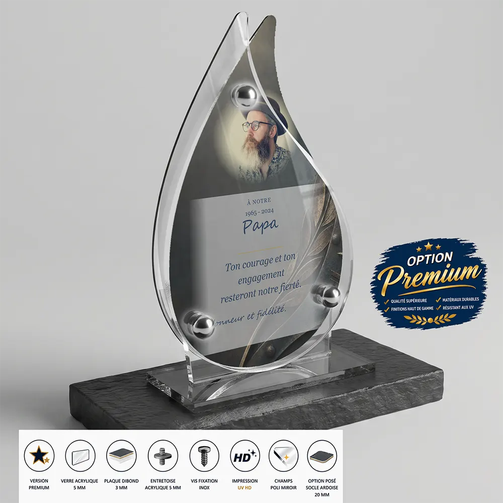 Plaque funéraire flamme Militaire finition premium présentée sur socle en ardoise