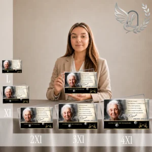 Gamme complète de plaques funéraires panoramiques avec portrait photographique, texte hommage et croix militaire dorée, présentées en quatre tailles croissantes