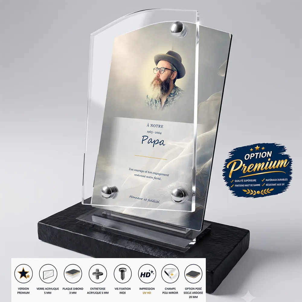 Plaque funéraire stèle Militaire finition premium présentée sur socle en ardoise