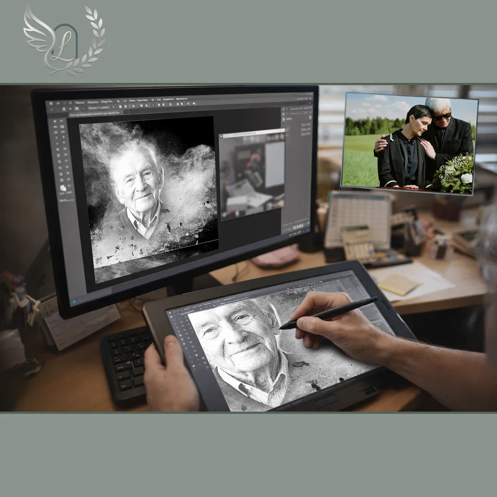 Création artistique plaque funéraire Militaire sur tablette graphique en studio