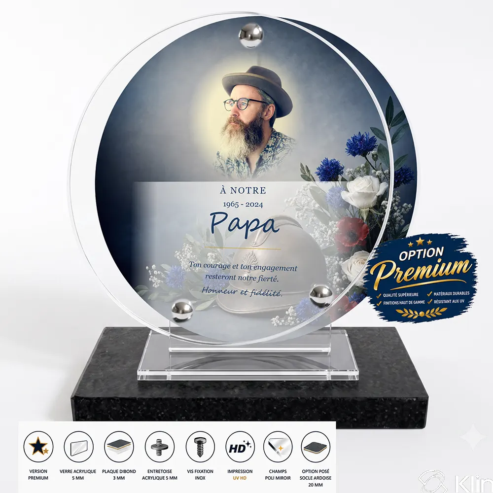 Plaque funéraire circulaire Militaire finition premium présentée sur socle en ardoise
