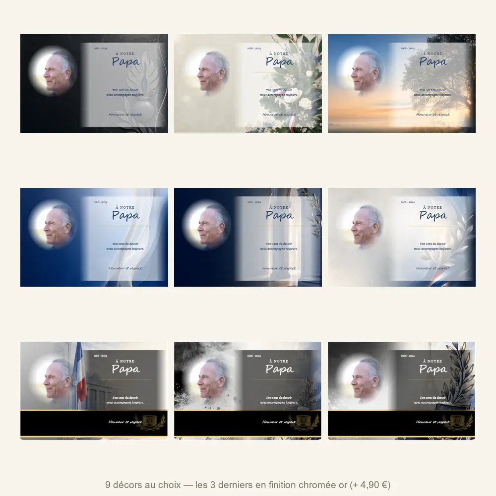 Plaque funéraire panoramique Gendarme — neuf décors de fond au choix