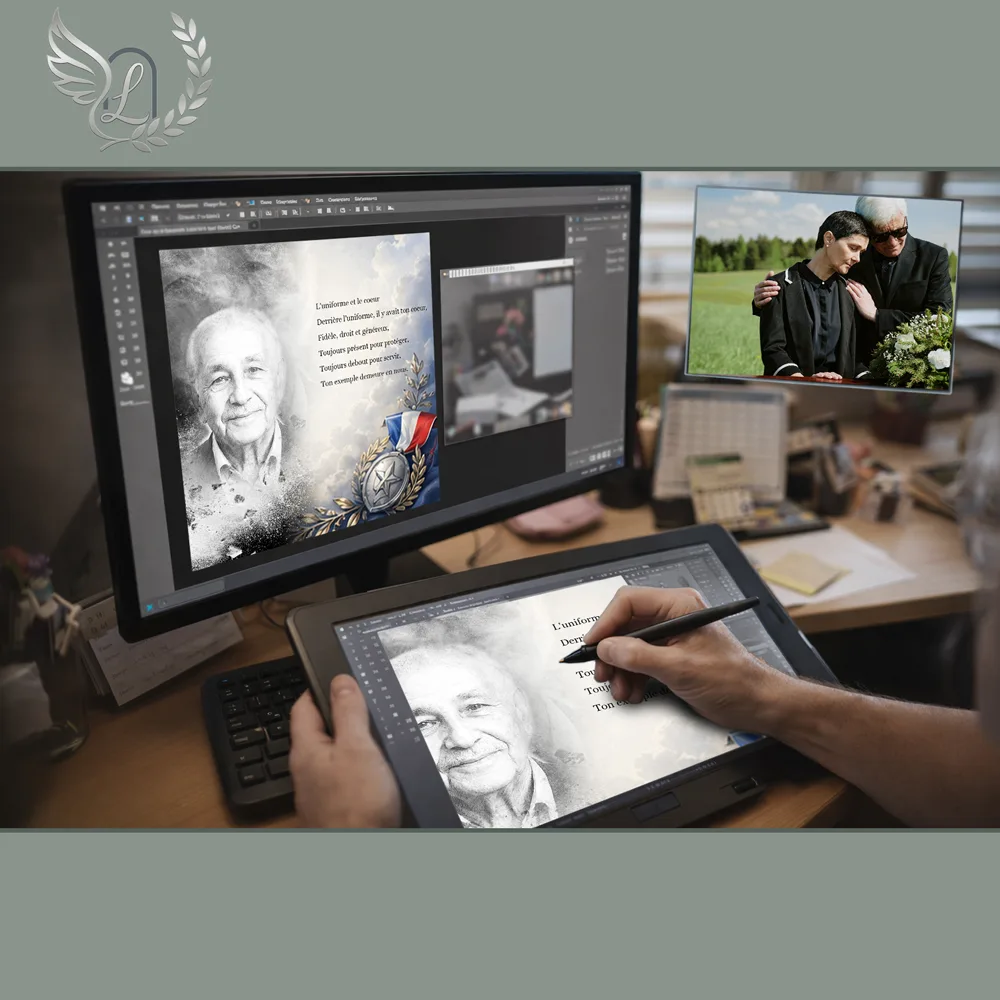 Création artistique plaque funéraire Gendarme sur tablette graphique en studio