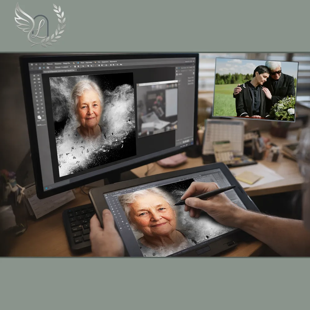 Création artistique plaque funéraire Gendarme sur tablette graphique en studio