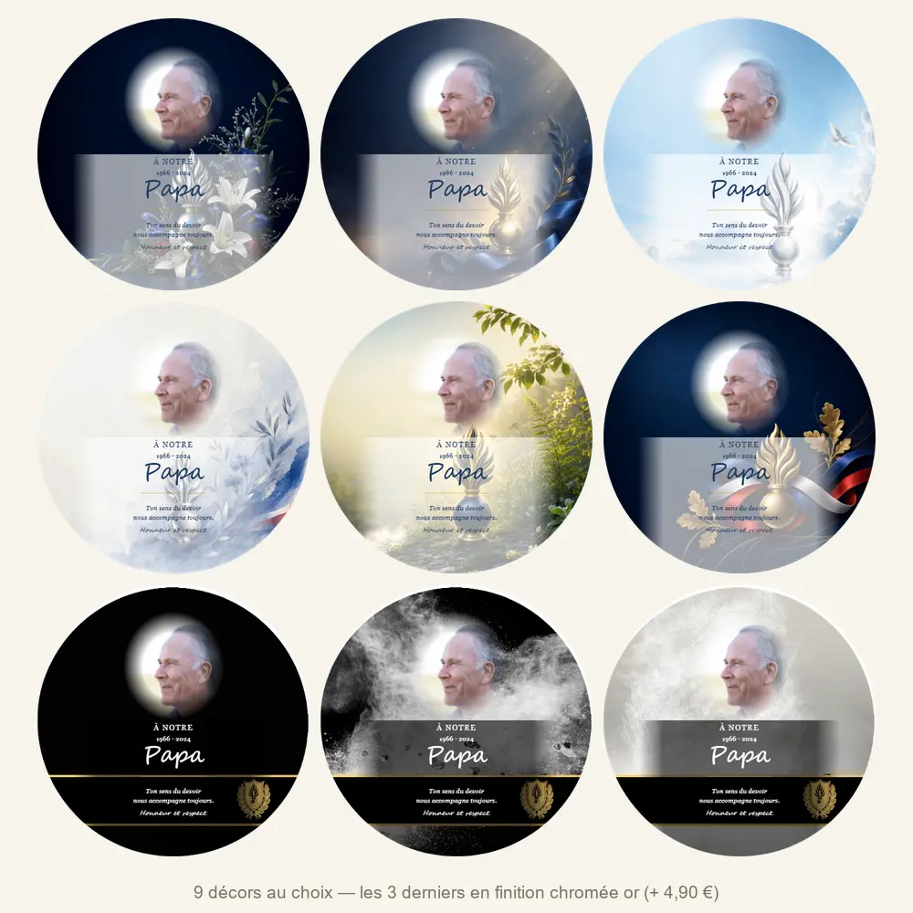 Plaque funéraire circulaire Gendarme — neuf décors de fond au choix