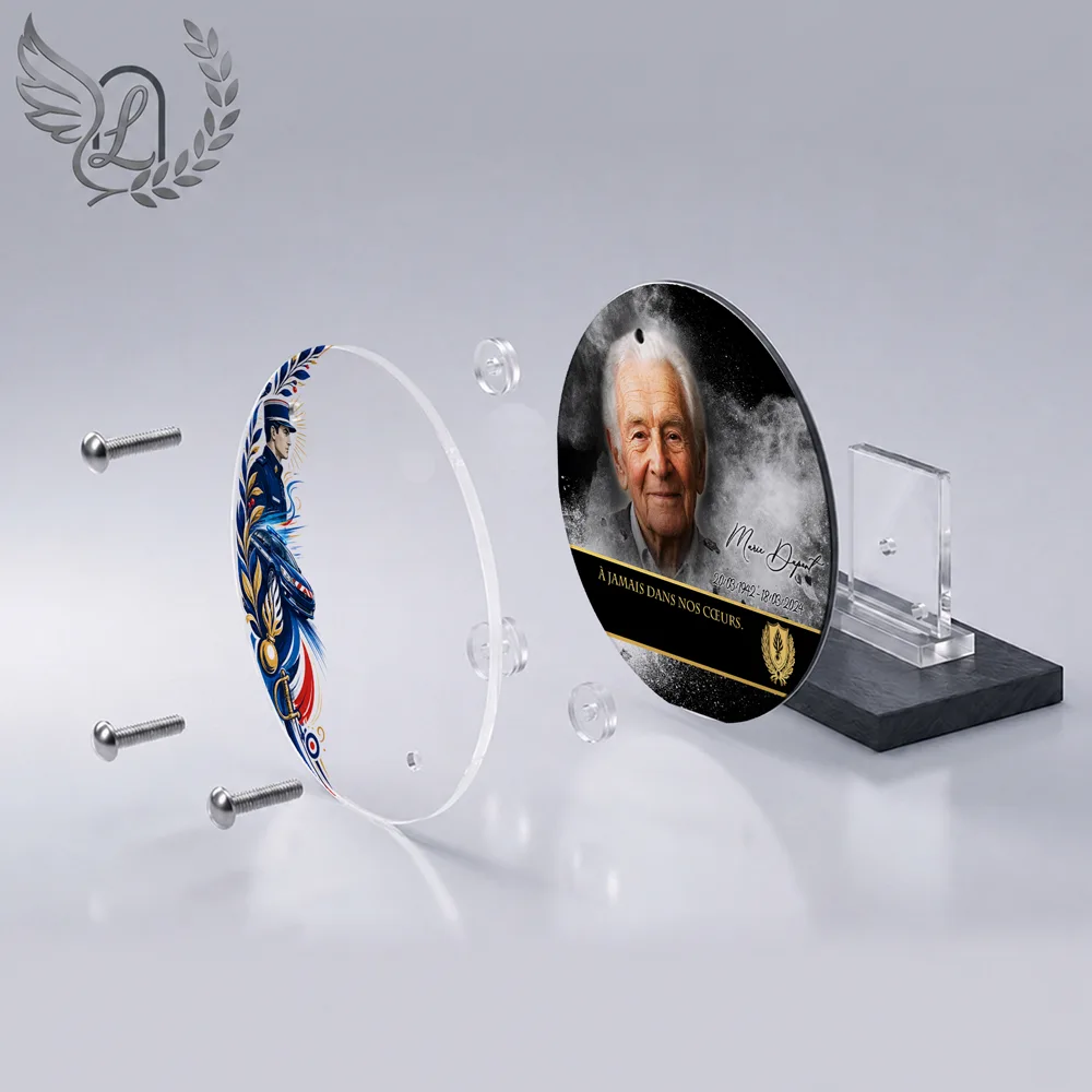 Vue éclatée plaque funéraire Circulaire Gendarme : construction sandwich plexi imprimé miroir, 3 entretoises, dibond et bloc ardoise