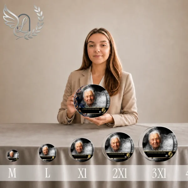 Gamme de plaques funéraires circulaires or avec portrait de gendarme, présentée en 5 tailles progressives du XS au 3XL, finition chromée dorée