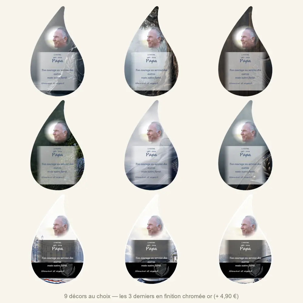 Plaque funéraire flamme Police — neuf décors de fond au choix