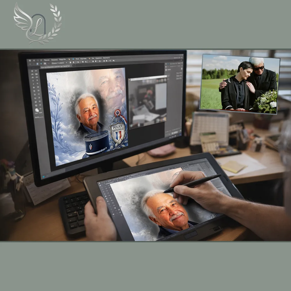 Création artistique plaque funéraire Police sur tablette graphique en studio