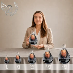 Gamme de plaques funéraires en forme de flamme avec finition argent, du format L au 4XL, présentant un portrait de policier et gravure personnalisée, symbole de service et de dévouement