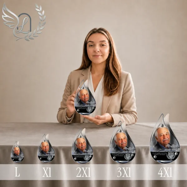 Gamme de plaques funéraires en forme de flamme avec finition argent, du format L au 4XL, présentant un portrait de policier et gravure personnalisée, symbole de service et de dévouement