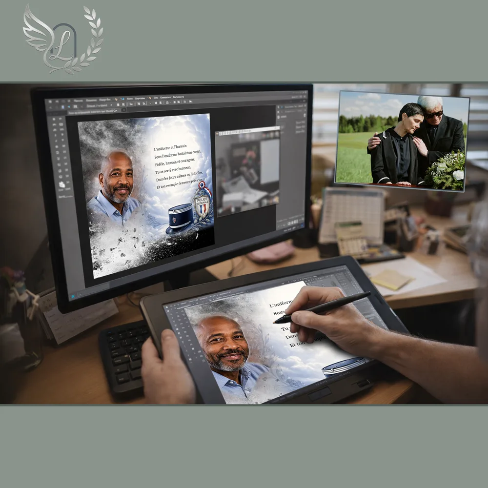 Création artistique plaque funéraire Police sur tablette graphique en studio