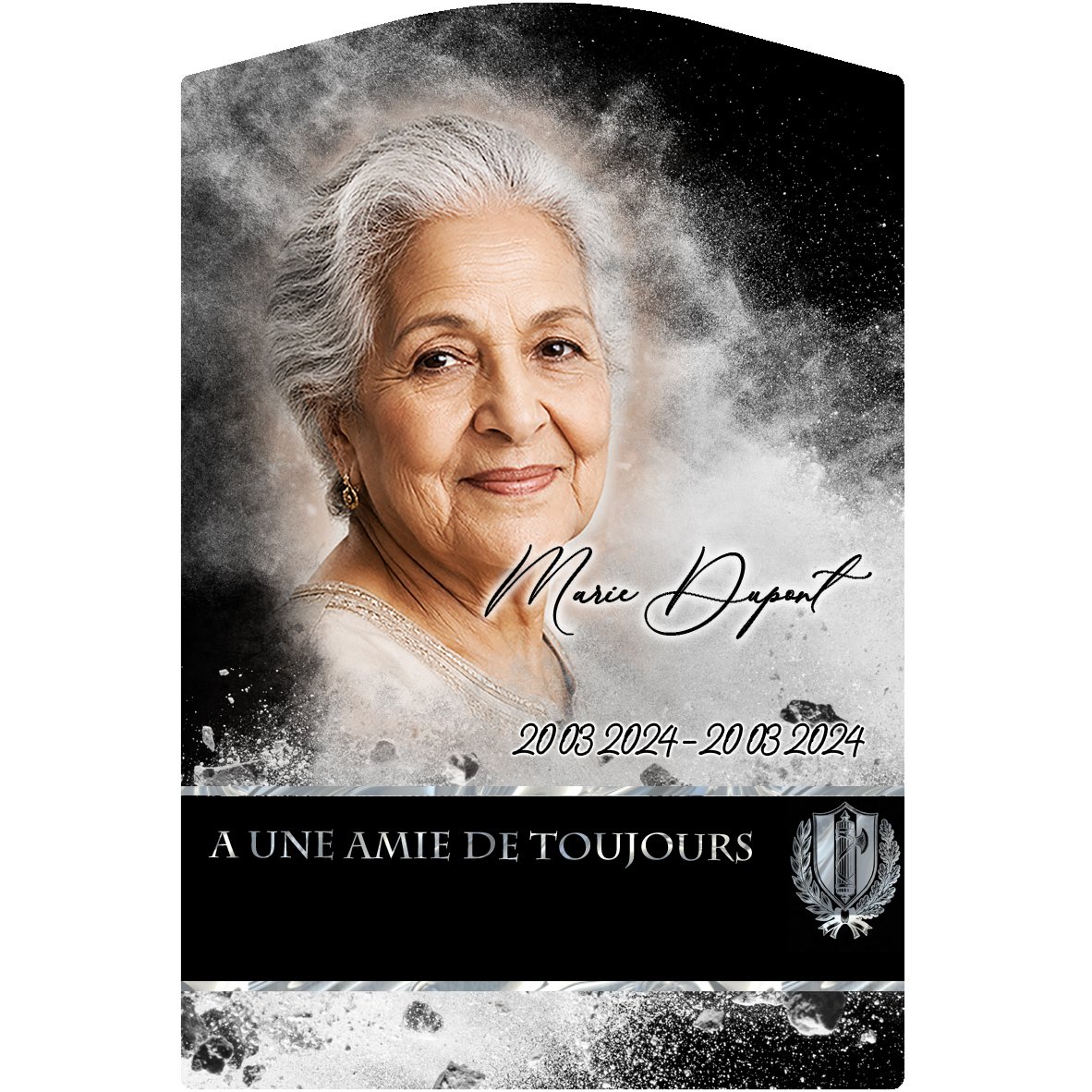 Plaque Stèle Police effet Éclat, ambiance complète portrait + fond