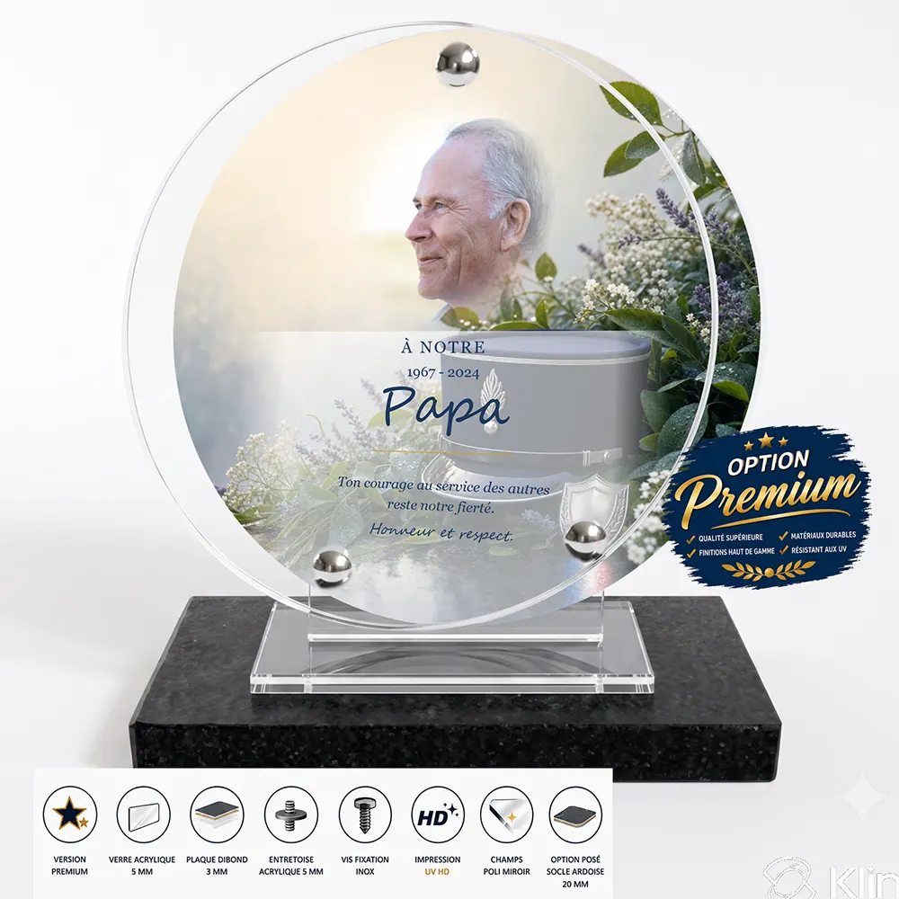 Plaque funéraire circulaire Police finition premium présentée sur socle en ardoise