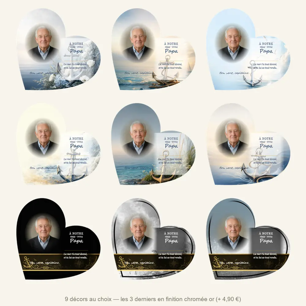 Plaque funéraire cœur Marin — neuf décors de fond au choix