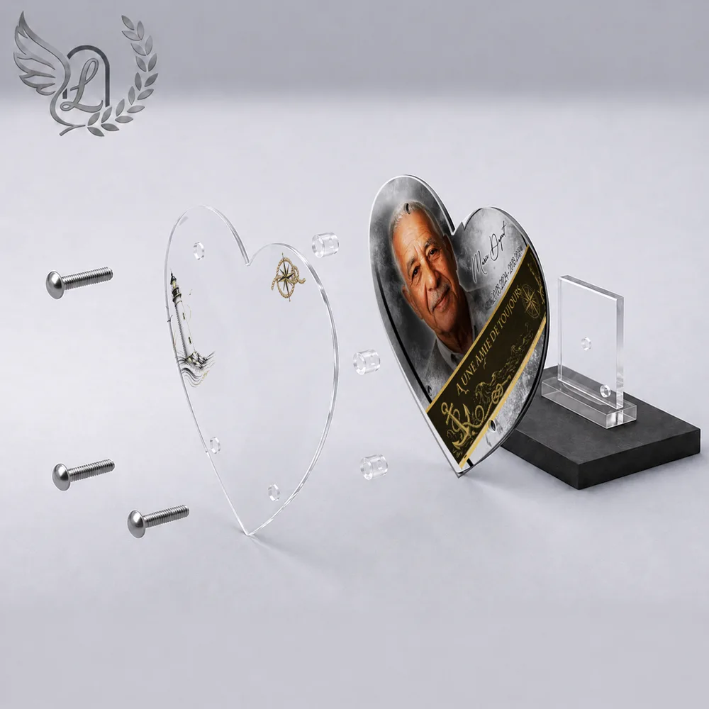 Vue éclatée plaque funéraire Cœur Marin : construction sandwich plexi imprimé miroir, 3 entretoises, dibond et bloc ardoise