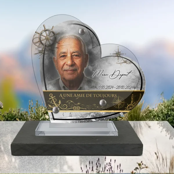 Plaque funéraire cœur marin posée sur socle ardoise du Brésil, fixation inox, 1er sous-décor
