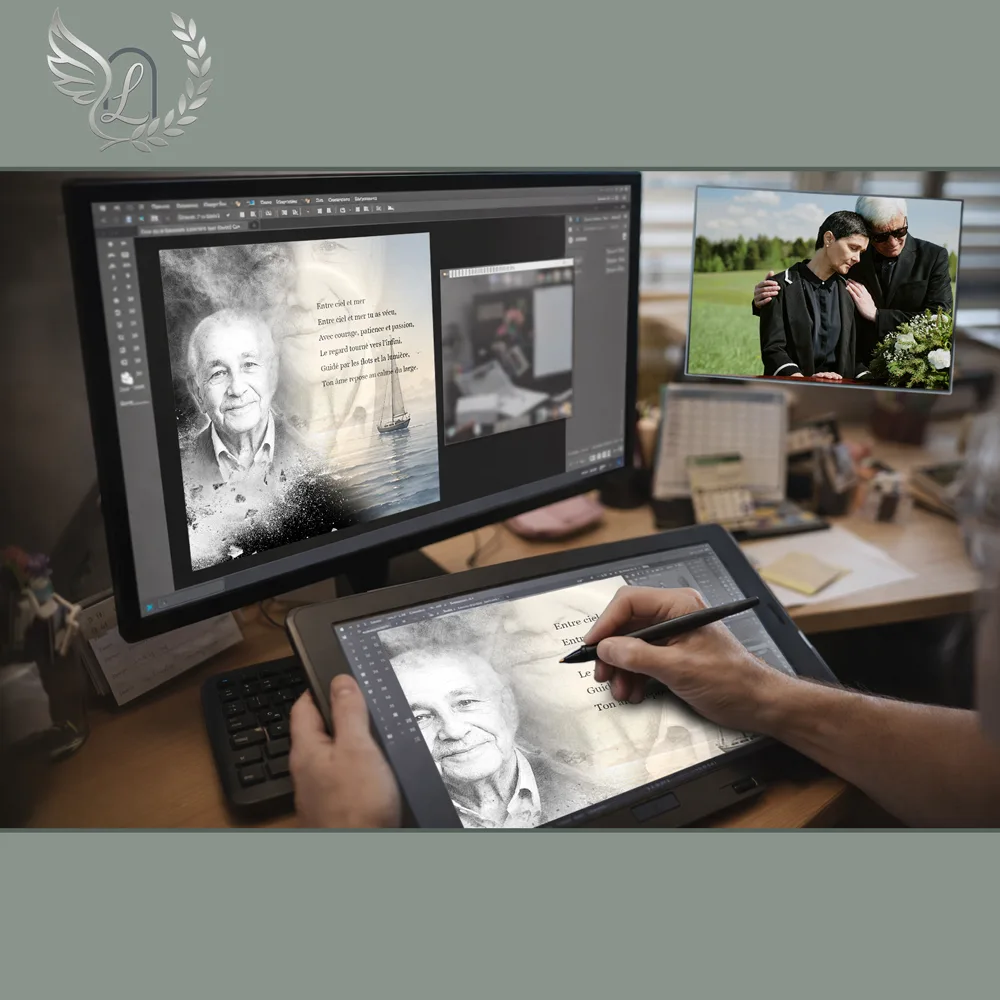 Création artistique plaque funéraire Marin sur tablette graphique en studio