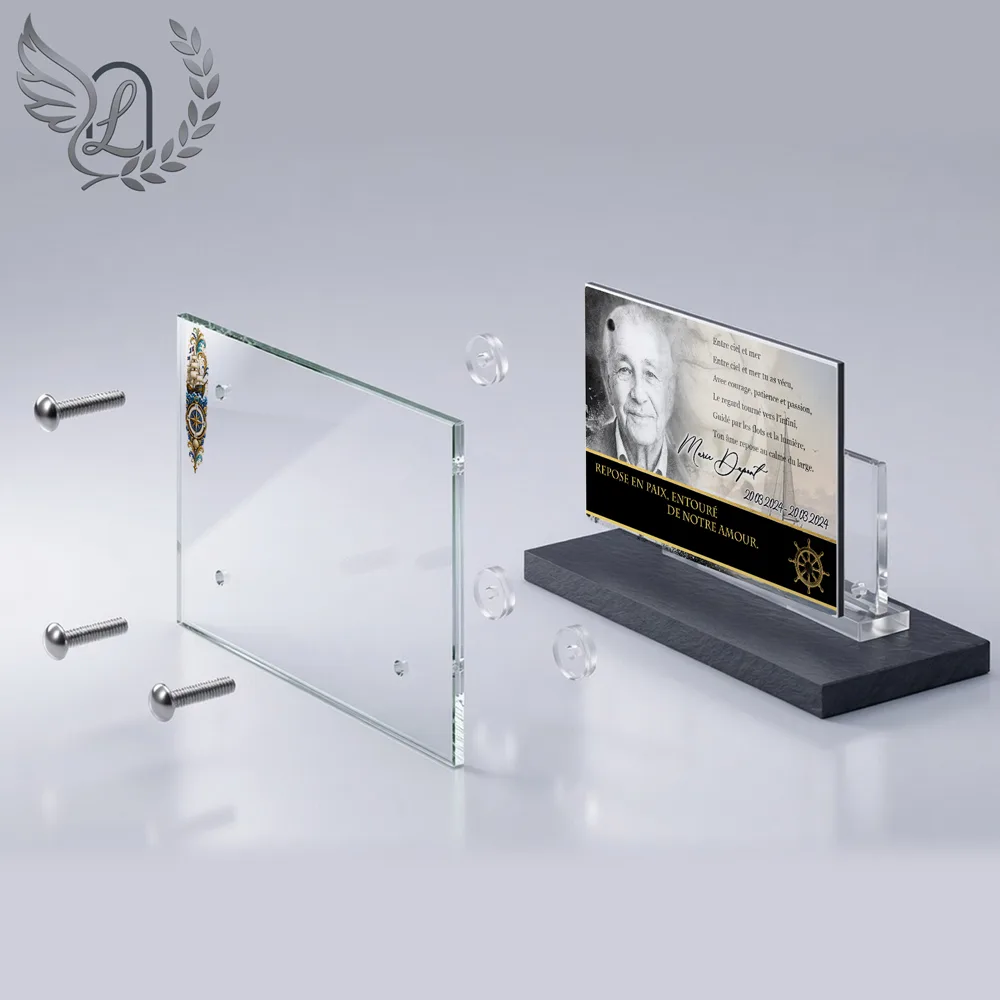 Vue éclatée plaque funéraire Panoramique Marin : construction sandwich plexi imprimé miroir, 3 entretoises, dibond et bloc ardoise