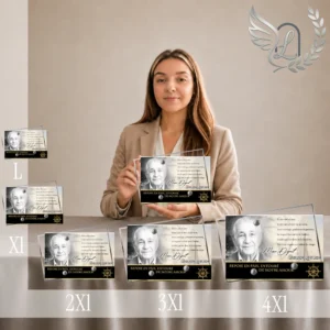Gamme complète de plaques funéraires panoramiques thème marin avec finition or, présentées côte à côte en différentes dimensions, portrait photographique et texte gravé, motif gouvernail doré