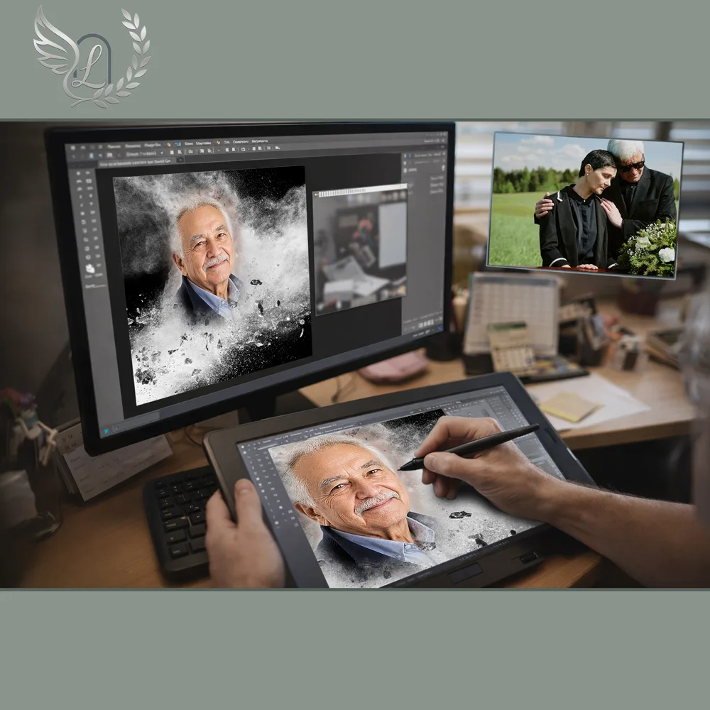 Création artistique plaque funéraire Marin sur tablette graphique en studio