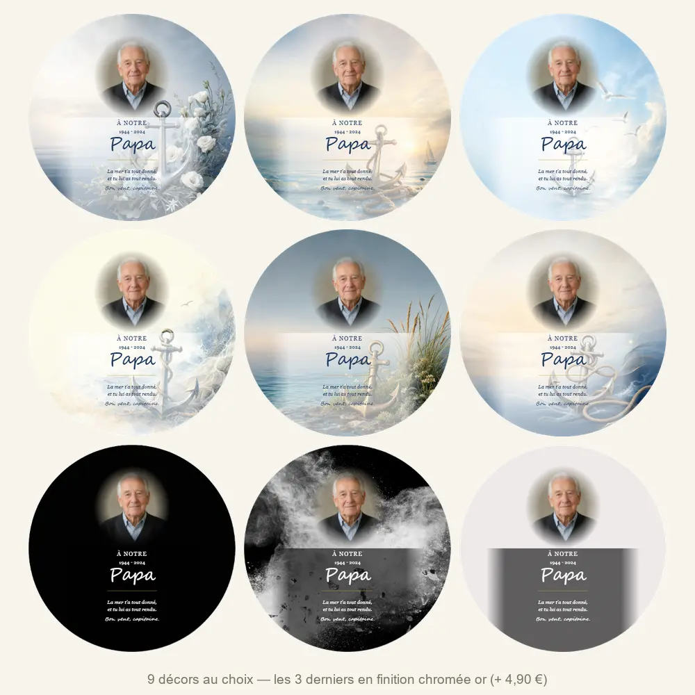 Plaque funéraire circulaire Marin — neuf décors de fond au choix
