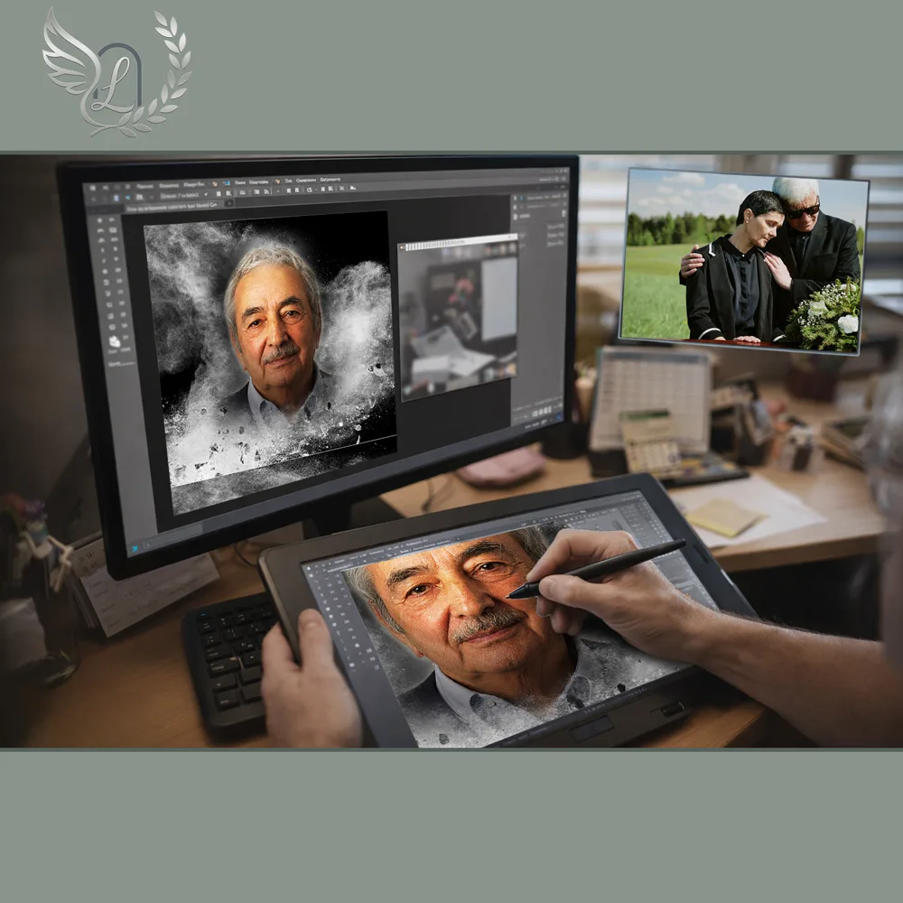 Création artistique plaque funéraire Marin sur tablette graphique en studio